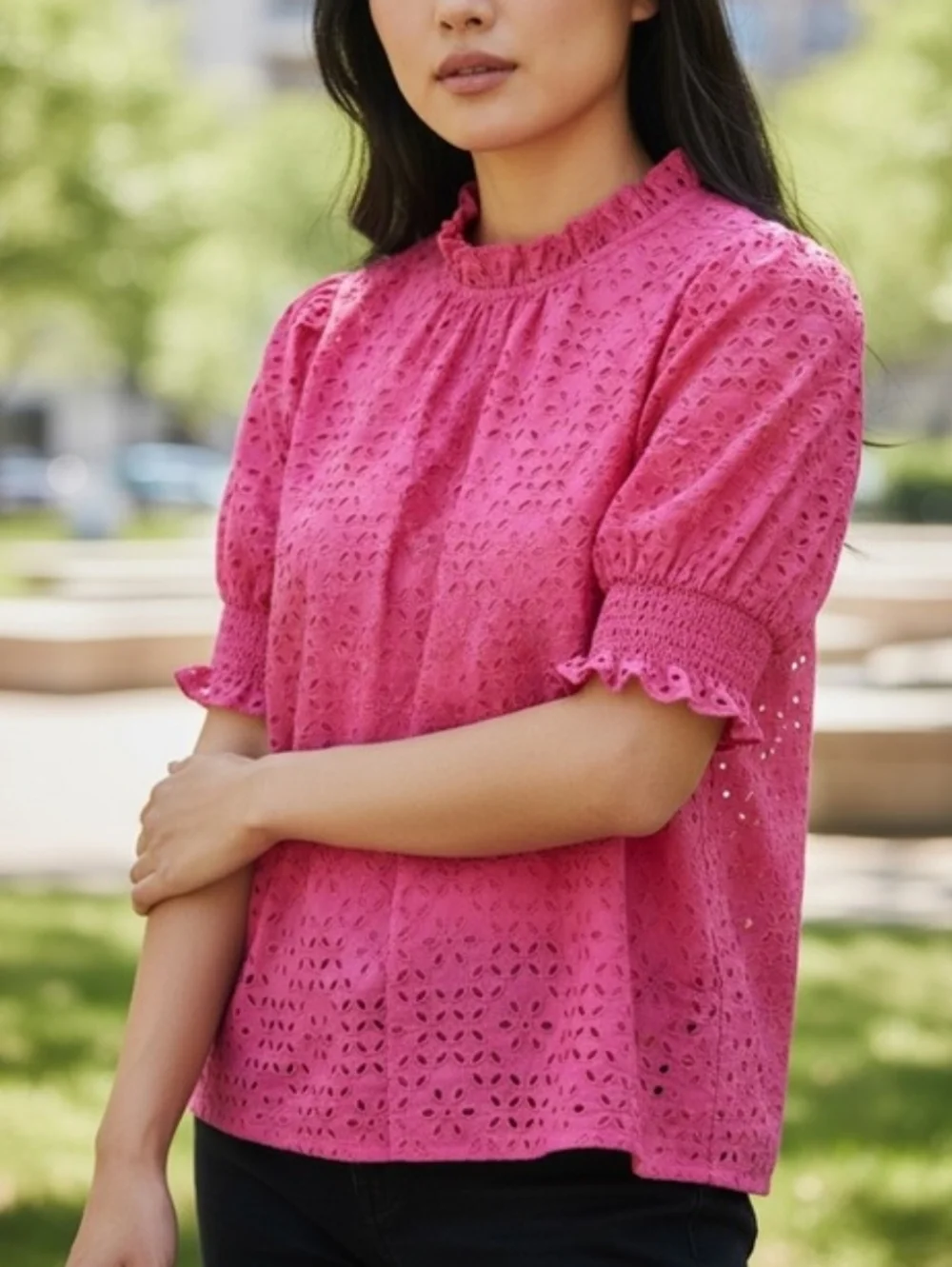 J. Crew Smocked Puff Sleeve Top Women's M Pink Eyelet Lace Feminine Boho